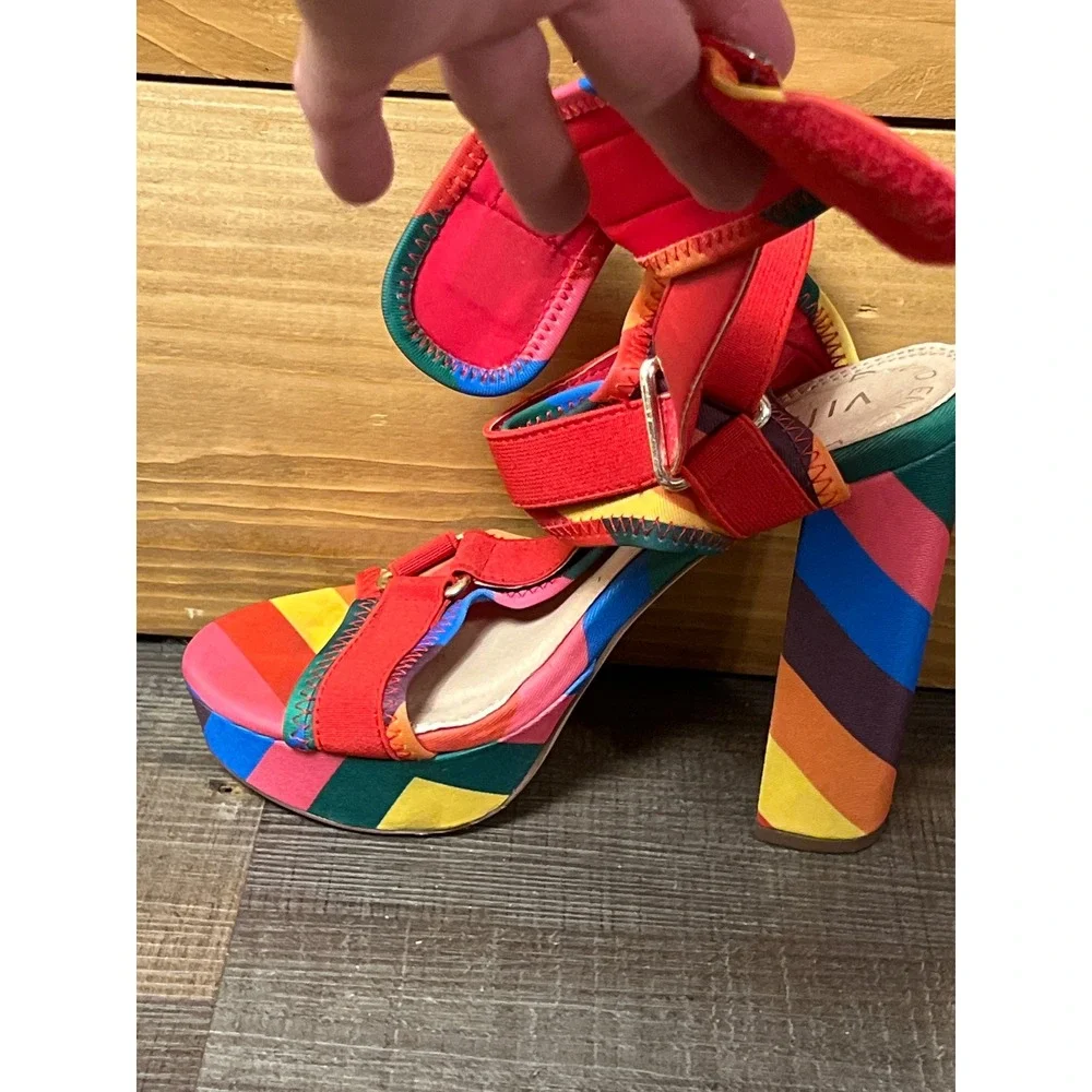 David Engel Villains Rainbow Heels Platform Ankle Strap Colorful Cross Dress Y2K